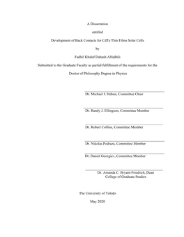 A Dissertation Entitled Development of Back Contacts for Cdte Thin Films Solar Cells by Fadhil Khalaf Dahash Alfadhili Submit