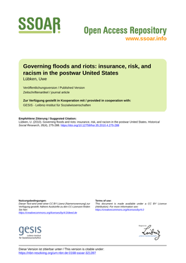 Governing Floods and Riots: Insurance, Risk, and Racism in the Postwar United States Lübken, Uwe