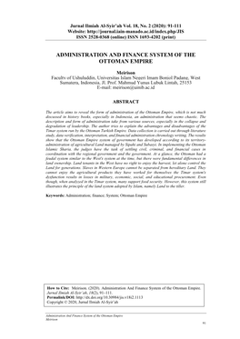 Administration and Finance System of the Ottoman Empire