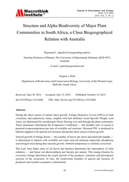 Structure and Alpha Biodiversity of Major Plant Communities in South Africa, a Close Biogeographical Relation with Australia