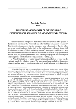 Dominika Burdzy SANDOMIERZ AS the CENTRE of the VITICULTURE from the MIDDLE AGES UNTIL the MID-SEVENTEENTH CENTURY