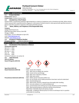 Portland Cement Clinker Safety Data Sheet According to Federal Register / Vol