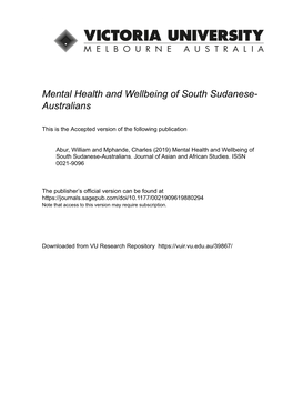 Mental Health and Wellbeing of South Sudanese- Australians