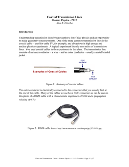 Coaxial Transmission Lines Honors Physics – P222 Alex R