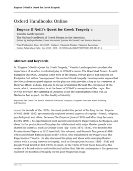 Eugene O'neill's Quest for Greek Tragedy