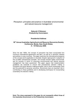 Precaution: Principle and Practice in Australian Environmental And