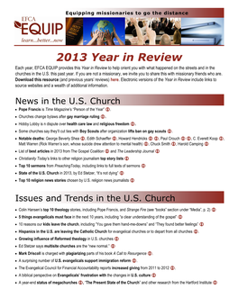 2013 Year in Review Each Year, EFCA EQUIP Provides This Year in Review to Help Orient You with What Happened on the Streets and in the Churches in the U.S