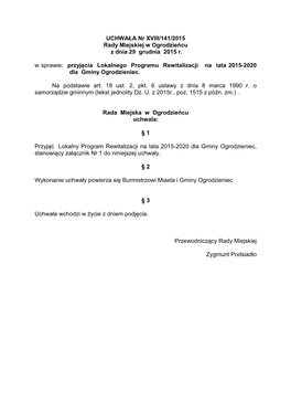 UCHWAŁA Nr XVIII/141/2015 Rady Miejskiej W Ogrodzieńcu Z Dnia 29 Grudnia 2015 R. W Sprawie