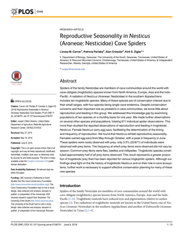 Reproductive Seasonality in Nesticus (Araneae: Nesticidae) Cave Spiders