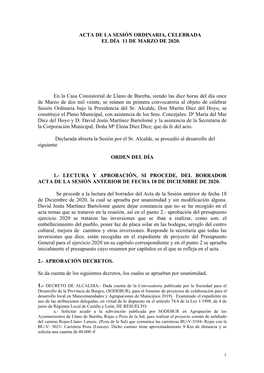 Acta De La Sesión Ordinaria, Celebrada El Día 11 De Marzo De 2020