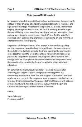 Page 1 2016 AMHS DREAM Dinner and Auction Saturday, December 3, 2016 Note from AMHS President