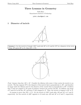 Three Lemmas in Geometry Yufei Zhao