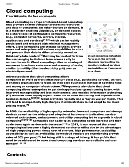 Cloud Computing ­ Wikipedia Cloud Computing from Wikipedia, the Free Encyclopedia