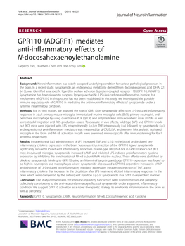 GPR110 (ADGRF1) Mediates Anti-Inflammatory Effects of N-Docosahexaenoylethanolamine Taeyeop Park, Huazhen Chen and Hee-Yong Kim*