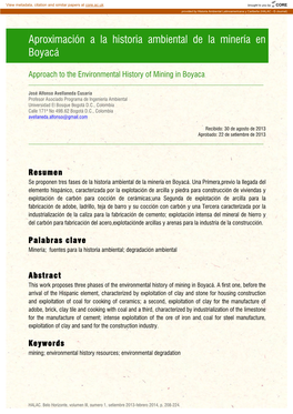 Aproximación a La Historia Ambiental De La Minería En Boyacá