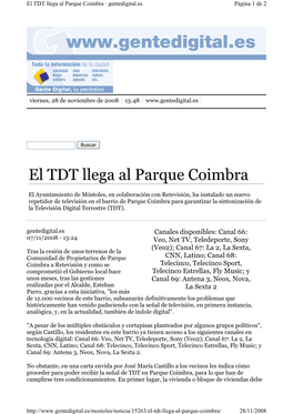 El TDT Llega Al Parque Coimbra · Gentedigital.Es Página 1 De 2