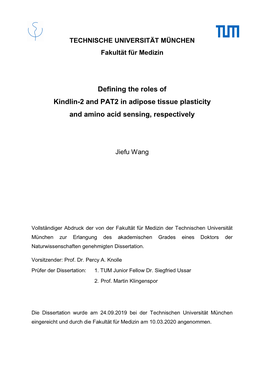 Defining the Roles of Kindlin-2 and PAT2 in Adipose Tissue Plasticity and Amino Acid Sensing, Respectively