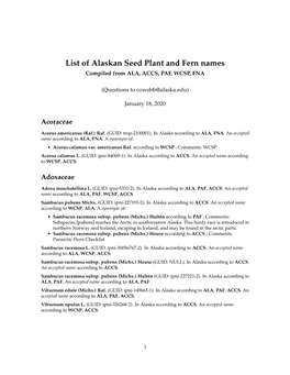 List of Alaskan Seed Plant and Fern Names Compiled from ALA, ACCS, PAF, WCSP, FNA