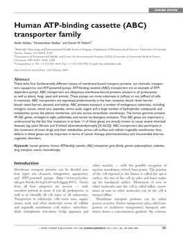 Human ATP-Binding Cassette (ABC) Transporter Family Vasilis Vasiliou,1 Konstandinos Vasiliou1 and Daniel W