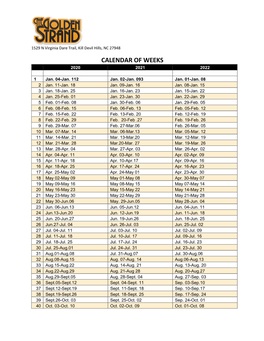 Calendar of Weeks 2020 2021 2022