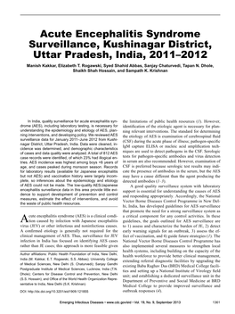 Acute Encephalitis Syndrome Surveillance, Kushinagar District, Uttar Pradesh, India, 2011–2012 Manish Kakkar, Elizabeth T