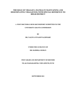 The Role of Virasaiva Mathas in Maintaining and Disseminating Virasaivism, with Special Reference to Bidar District