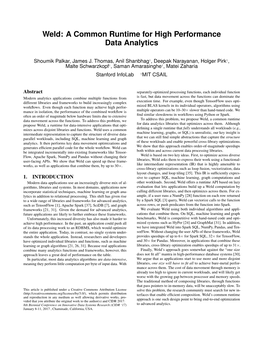 Weld: a Common Runtime for High Performance Data Analytics