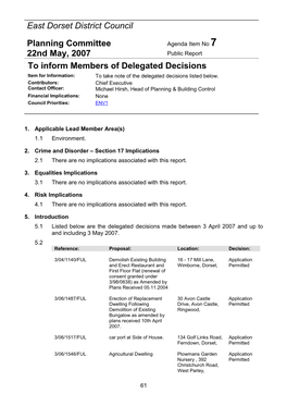 East Dorset District Council Planning Committee 22Nd May, 2007 To