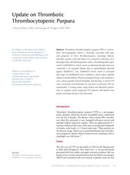 Update on Thrombotic Thrombocytopenic Purpura