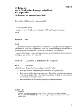 Ordonnance Du 1Er Juillet 1992 Sur La Distribution De Comprimés D'iode À