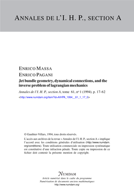 Jet Bundle Geometry, Dynamical Connections, and the Inverse Problem of Lagrangian Mechanics Annales De L’I