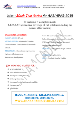 Mock Test Series for HAS/HPAS-2019