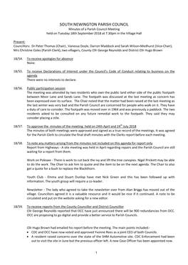 SOUTH NEWINGTON PARISH COUNCIL Minutes of a Parish Council Meeting Held on Tuesday 18Th September 2018 at 7.30Pm in the Village Hall