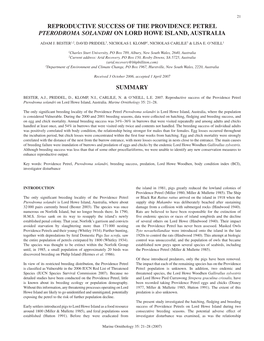 Reproductive Success of the Providence Petrel Pterodroma Solandri on Lord Howe Island, Australia Summary