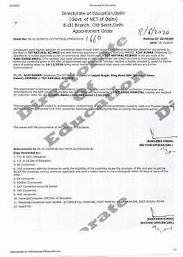 Directorate of Education,Delhi (Govt. of NCT of Delhi) E-III Branch, Old Sectt.Delhi Appointment Order