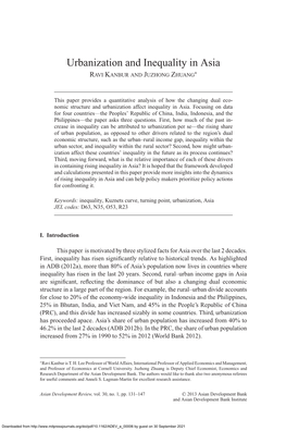 Urbanization and Inequality in Asia ∗ RAV I KANBUR and JUZHONG ZHUANG