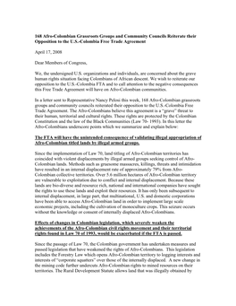 168 Afro-Colombian Grassroots Groups and Community Councils Reiterate Their Opposition to the U.S.-Colombia Free Trade Agreement