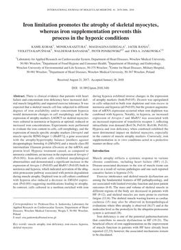 Iron Limitation Promotes the Atrophy of Skeletal Myocytes, Whereas Iron Supplementation Prevents This Process in the Hypoxic Conditions