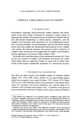 Complex Verb Formation in Eskimo*