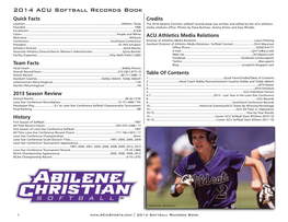 2014 ACU Softball Records Book Quick Facts Credits Location