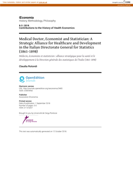 Œconomia, 8-3 | 2018 Medical Doctor, Economist and Statistician: a Strategic Alliance for Healthca