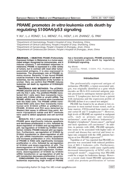 PRAME Promotes in Vitro Leukemia Cells Death by Regulating S100A4/P53 Signaling