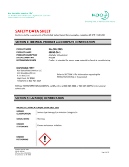 SAFETY DATA SHEET Conforms to the Requirements of the United States Hazard Communication Regulation 29 CFR 1910.1200