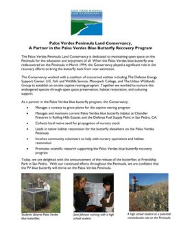 Palos Verdes Peninsula Land Conservancy, a Partner in the Palos Verdes Blue Butterfly Recovery Program