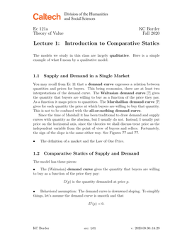 Lecture 1: Introduction to Comparative Statics