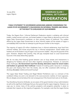 Nigerian Slum / Informal Settlement Federation Condemns Crackdown