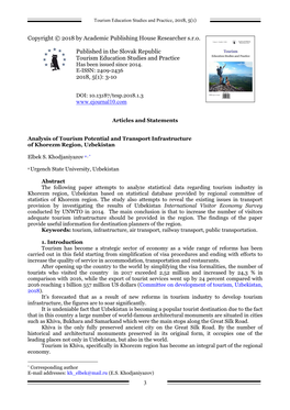 Analysis of Tourism Potential and Transport Infrastructure of Khorezm Region, Uzbekistan