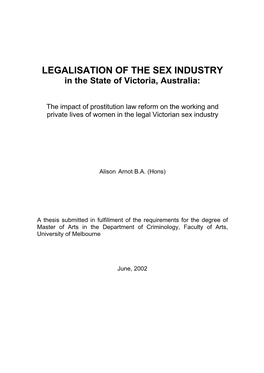 LEGALISATION of the SEX INDUSTRY in the State of Victoria, Australia