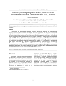 Botánica Y Screening Fitoquímico De Doce Plantas Usadas En Medicina Tradicional En El Departamento Del Chocó, Colombia