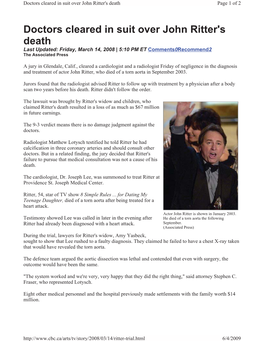 Doctors Cleared in Suit Over John Ritter's Death Page 1 of 2